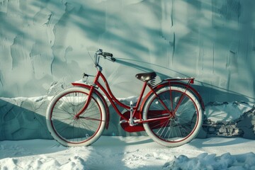 Poster - A bright red bicycle is parked against a snowy wall, awaiting its next adventure