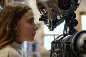 Aufkleber - woman looking at robot head on camera, robot learns the value of empathy in human interactions