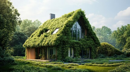 Leaf-covered house stands as a symbol of eco-friendly living, representing the integration of nature into home life.