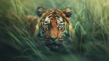 Wall Mural - A tiger hidden in tall grasses, only its eyes and part of its face visible, the background is a mix of green and golden hues of the savannah, with soft light creating a mysterious atmosphere