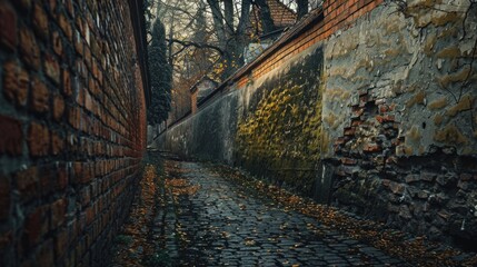 A quiet alley with a brick wall and surrounding trees