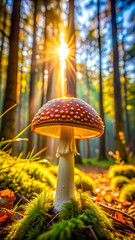 Mushroom in the sunny woods. High quality photo