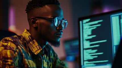 Dedicated programmer engaging in software development with java script code on laptop screen, embracing iot and digital technology innovations