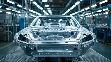 Wall Mural - An in-depth view of a car chassis under construction in an advanced manufacturing environment, illustrating the intricate details and modern machinery involved.