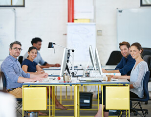 Aufkleber - Portrait, coworking and group with smile, creative and web designer with ideas for project and online. Confident, computer and planning for layout, team and happy people for business in office