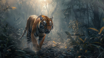 Wall Mural - A tiger walking through a misty rainforest, the environment dense with vegetation, the tigerâ€™s stripes blending with the shadowy forest