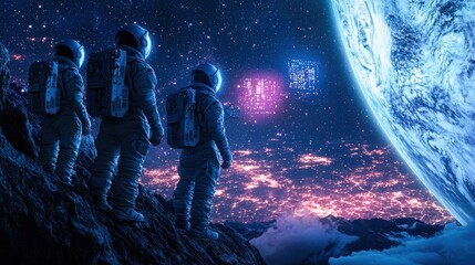 Wall Mural - A team of astronauts uses AI-driven drones to explore a new planet. The drones project holographic data about the planet’s atmosphere, terrain, and potential resources