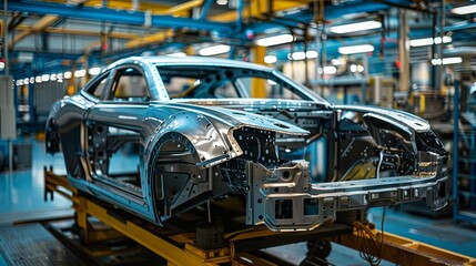 Wall Mural - A close-up view of a car shell on an automotive assembly line, highlighting the technical aspect and automation in the modern car manufacturing process.