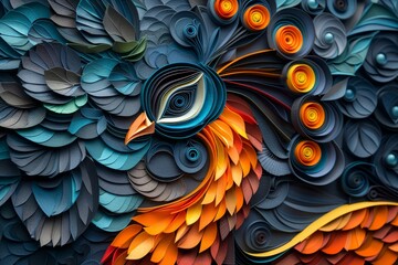 Wall Mural - Colorful paper quilling of an intricate peacock, with vibrant feathers and swirling patterns, symbolizing beauty and grace. 