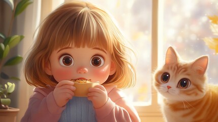 A young girl with large eyes eats a snack while a cat watches