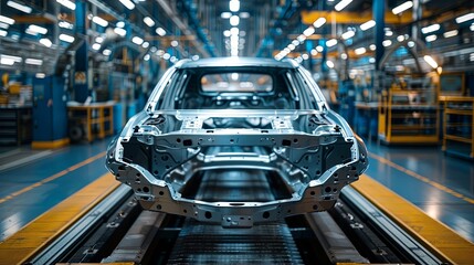 Wall Mural - A detailed close-up of a car frame on an assembly line, representing the meticulous engineering and careful planning in the automotive manufacturing process.