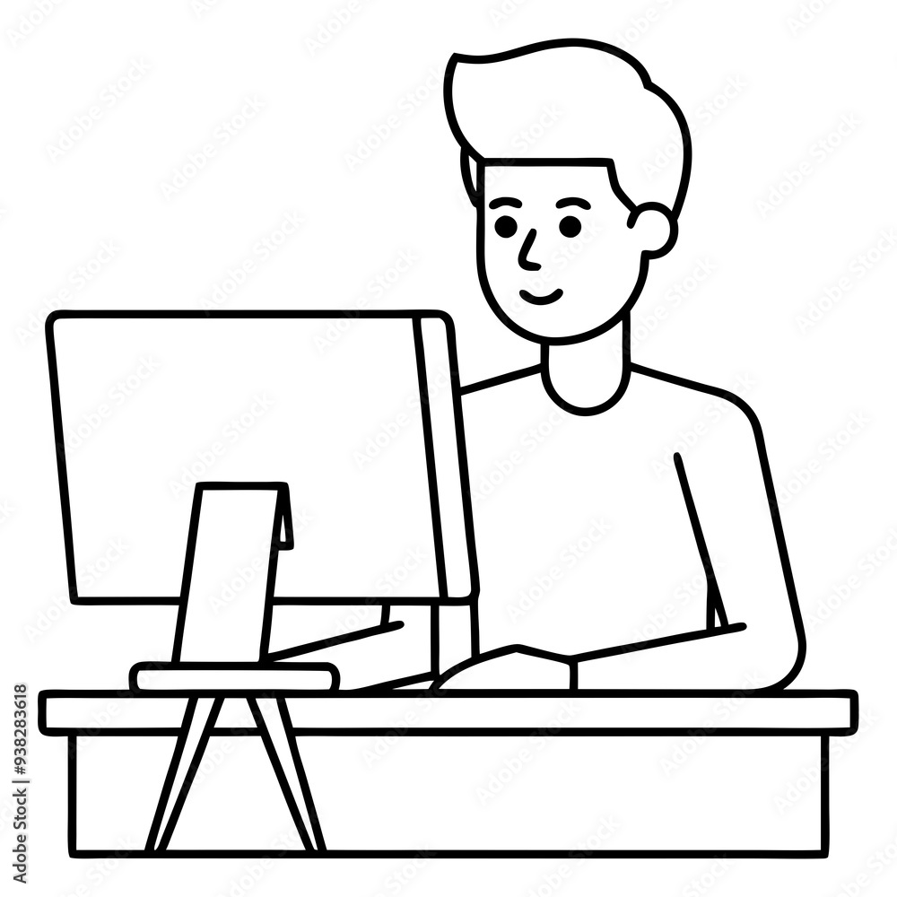 Young Man at Desktop Computer art vector illustration