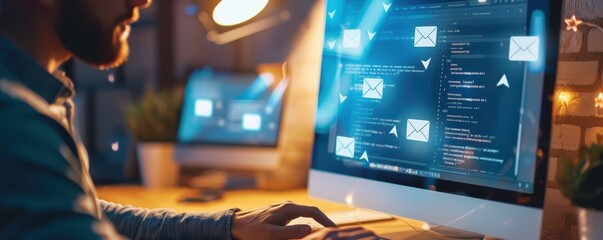 Wall Mural - close-up of a person using a desktop computer for programming and email communication in a modern of