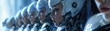 © Sodapeaw - Futuristic cyborg soldiers lined up in a row, showcasing advanced robotics and technology, ready for action in a sci-fi setting.
