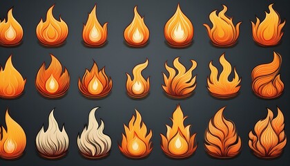 A collection of fire drawings with different flames, isolated from each other.