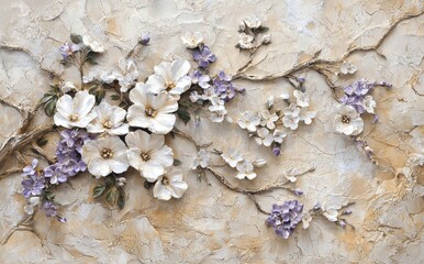 Wall Mural - Across the wall, floral stucco artwork of peony purple and jasmine white flowers creates a luxurious pattern.