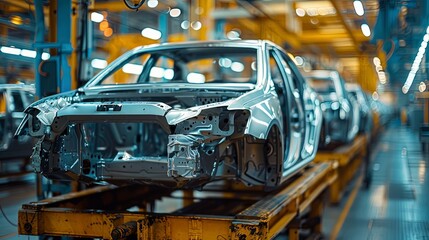 Sticker - An image depicting an empty car frame moving along an assembly line within a contemporary factory environment, capturing a moment in vehicle manufacturing.