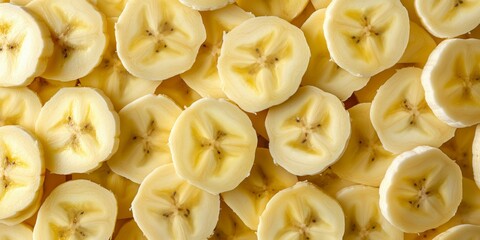 A close-up of sliced bananas, with their yellow flesh and subtle dark spots, arranged in a pattern.