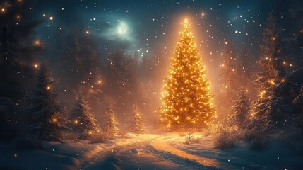 Wall Mural - enchanted winter forest with a majestic illuminated fir tree soft snowfall twinkling lights and a magical glow create a serene and festive atmosphere in a moonlit clearing