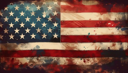 Abstract illustration of a worn American flag with a grungy texture, perfect for patriotic holidays and events.