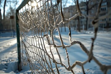 Sticker - A snowy chain link fence with a building nearby, perfect for winter or cold weather scenes