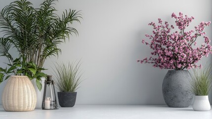 Wall Mural - Minimalist interior design with a wicker basket, a lantern, three plants and a grey wall.