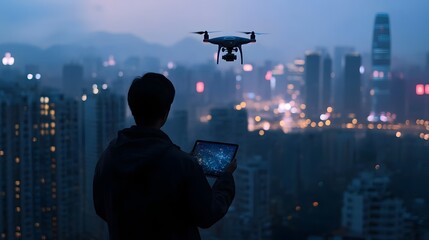 A silhouette of a person operating a drone over a city skyline at dusk, showcasing modern technology and urban exploration.