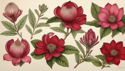 Wall Mural - Collection of ornamental crimson flower with foliage, drawing.