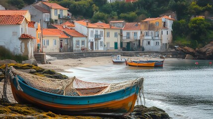 A picturesque coastal scene featuring colorful fishing boats moored near a quaint village with rustic houses along the shoreline. 