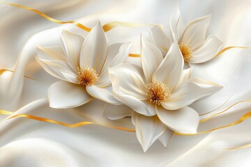 Wall Mural - There are golden leaves and buds on a golden bird of paradise flower surrounded by stucco.