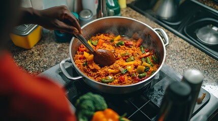 A West African kitchen with a large pot of jollof rice cooking, colorful vegetables and spices on the counter, and a person stirring the pot. A close-up shot of a person stirring a colorful vegetable 