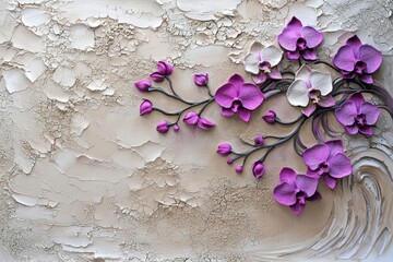 Wall Mural - This stucco relief depicts purple flowers on a white background