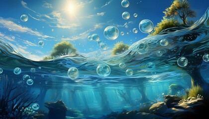 Wall Mural - Effervescent air bubbles rise in tranquil blue water, creating a serene oasis on a textured canvas.