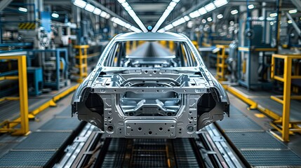 Wall Mural - An automobile chassis is centered in a modern factory, surrounded by advanced machinery and equipment as it moves through the assembly line under bright lighting.