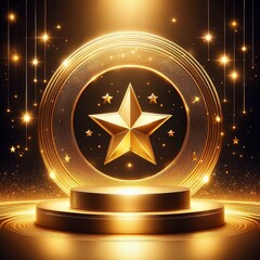 Wall Mural - Gilded stage with star image. Shiny abstract trophy display with luminous circular border and cascading sparkles for showcasing products.