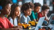 © Athena - A group of diverse children focuses intently on their laptops while engaging with robotic toys in a vibrant, modern learning environment.