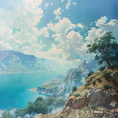 Wall Mural - A serene lake surrounded by towering mountains, perfect for outdoor enthusiasts