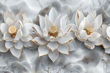 On a bright white background, a stenciled protea flower shows gold leaves and buds.