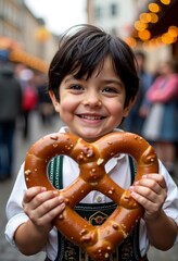 Wall Mural - Happy young boy in traditional german lederhosen holding pretzel in oktoberfest