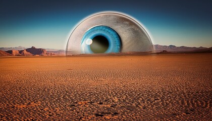 Wall Mural - Nostalgic dotted scenery featuring a vintage extraterrestrial cyborg eye against a desert backdrop in a classic science fiction aesthetic.