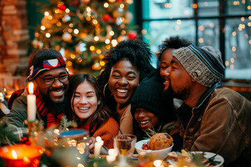 AI generated photo of family people celebrating New Year and Christmas in a festive atmosphere with a decorated Christmas tree and holiday winter decoration in the background