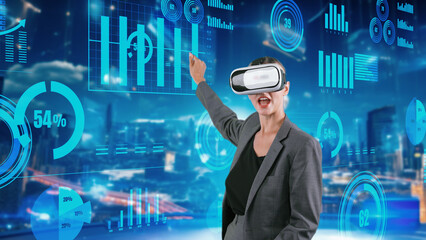 Wall Mural - Woman reporter presenting news of pointing market data graph analysis via VR future global innovation business interface digital infographic network technology visual hologram animation. Contraption.