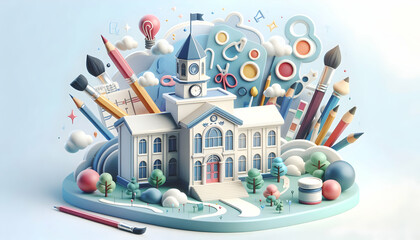 Wall Mural - A Whimsical 3D School Building and Art Supplies Concept with Ample Space for Text or Graphics on Dreamy Background   Academic and Creative Education Integration Symbol   Isolated W