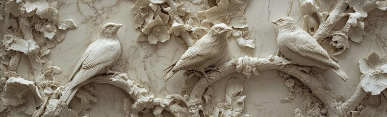 On a cream colored marble background, a beautiful carving of birds seated on branches with flowers is carved in wall relief.