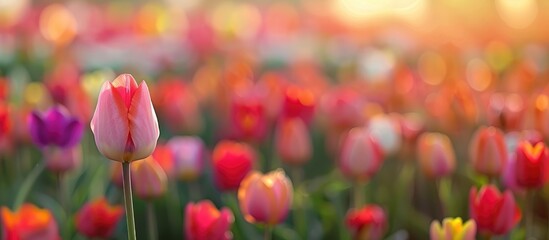 Canvas Print - Tulip In A Tulip Field Selective Focus With Focus On An Individual Tulip