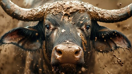 A buffalo is in the water, with its head above the water. The cow is dirty and wet, and it is looking at the camera