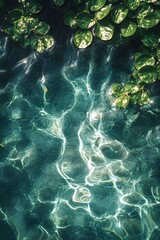  An overhead shot of aquatic plants under the water surface, featuring ripples on the water and slender strips of plants lying horizontally.