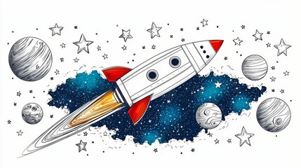 Sticker - Rocket Launch into Space with Planets and Stars.