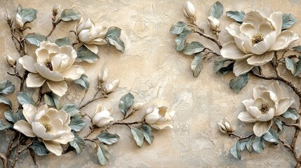 With waxy leaves and ivory petals, a stucco relief of layered magnolia blossoms is depicted