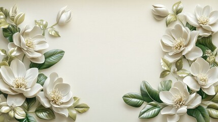 A stucco relief of layered magnolia blossoms framed by waxy leaves with ivory petals